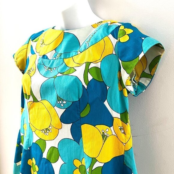 Epic Vintage Hawaiian Maxi Dress Floral 60s 70s Mod Tiki Bar Waterfall Back - Picture 4 of 9